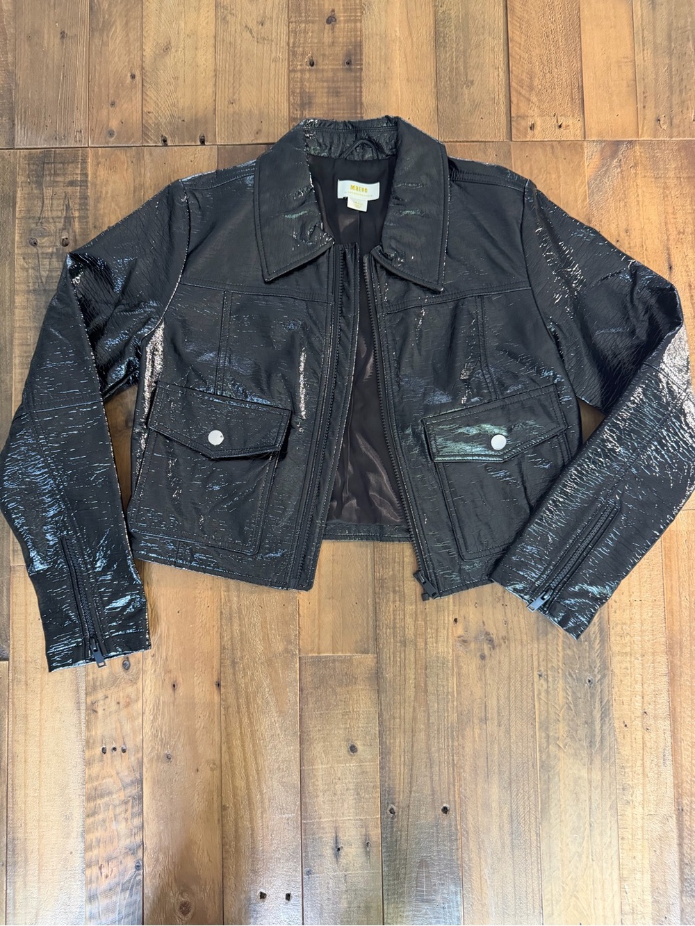 Maeve Black Cropped Patent Faux Leather Jacket